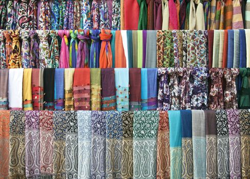 Colorful scarves on an oriental bazaar market in Bukhara, Uzbekistan