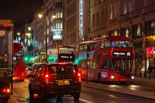 LONDON - NOVEMBER 17, 2016: Strand street with Routemaster diesel-electric hybrid double deck bus
