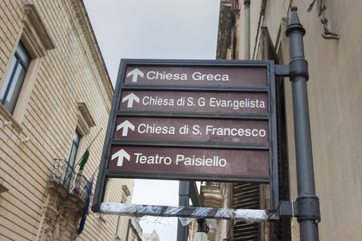 Signals of monumental signs in downtown Lecce.È the main town of the Salento peninsula, a reference point for tourism and culture