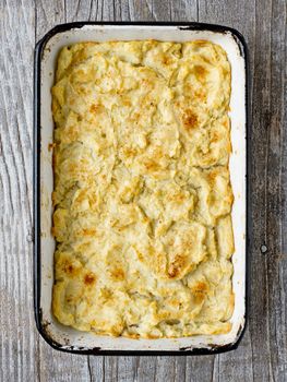 close up of rustic english fish pie