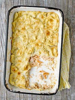 close up of rustic english fish pie