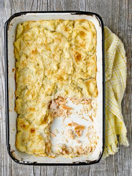 close up of rustic english fish pie