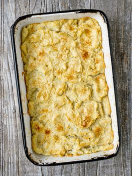 close up of rustic english fish pie