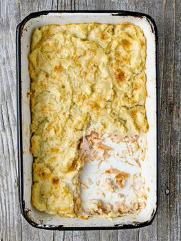 close up of rustic english fish pie