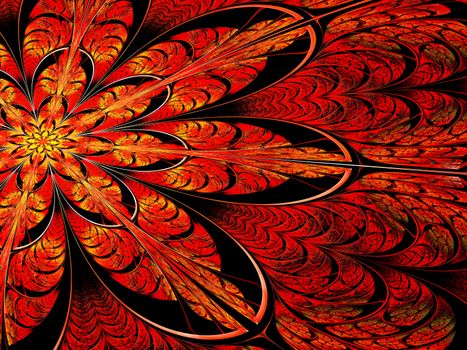 Fractal flower - abstract computer-generated image. Digital art: ornate red and yellow petals like mosaic or stained-glass. For cards, banners, puzzles.