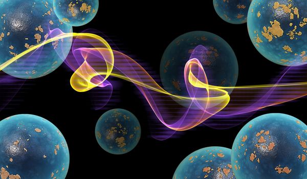 abstract colorful wavy smoke flame over black background full of planets.