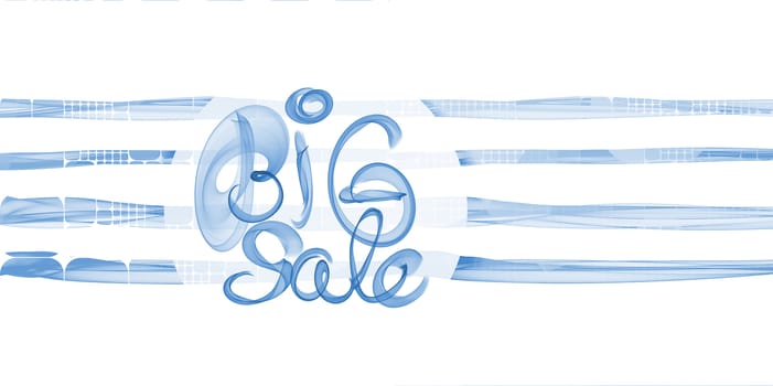 Big sale lettering written with blue smoke or flame on white striped abstract background.