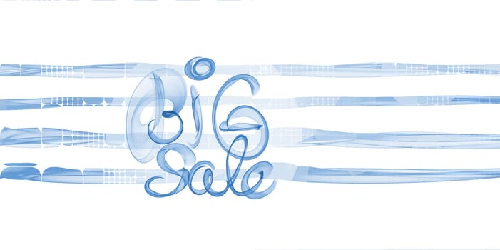 Big sale lettering written with blue smoke or flame on white striped abstract background.