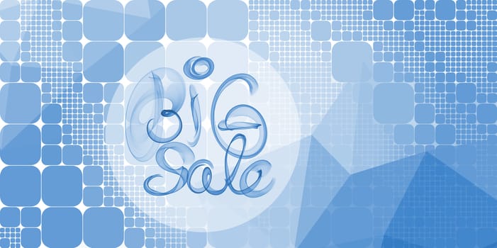 Big sale banner lettering written with blue smoke or flame on geometric square and round abstract background.