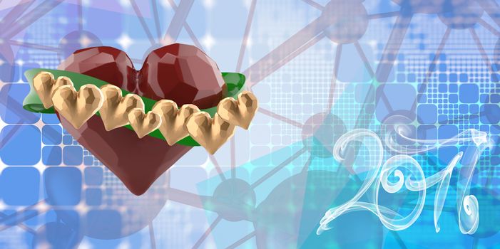 Flying red chopped heart with green ribbon and gold hearts. On blue abstract square polygonal background. And 2017 lettering written by white smoke .3d illustration.