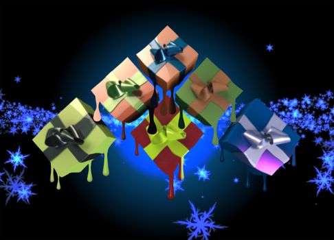 Colorful and striped boxes with gifts tied bows on black background. 3d illustration.
