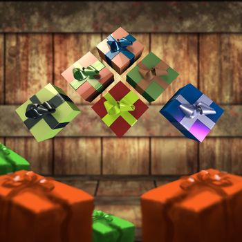 Colorful and striped boxes with gifts tied bows on wooden board background. Happy new year 3d illustration