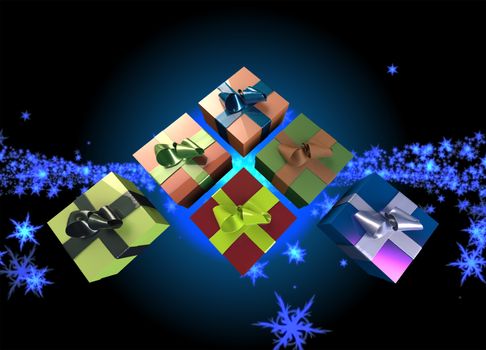 Colorful and striped boxes with gifts tied bows on black background. Happy new year 3d illustration.