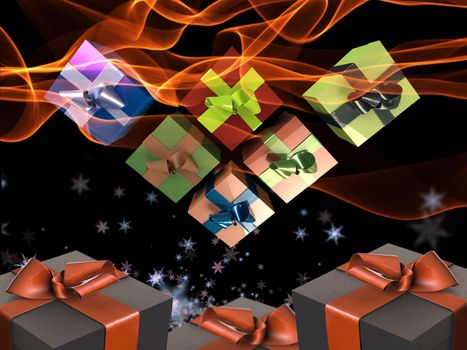 Colorful and striped boxes with gifts tied bows on black background. Happy new year 3d illustration.