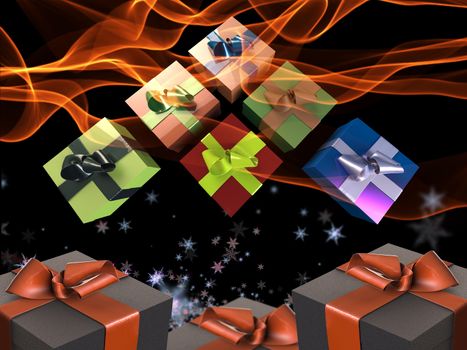 Colorful and striped boxes with gifts tied bows on black background. Happy new year 3d illustration.