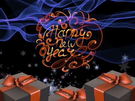 Colorful and striped boxes with gifts tied bows on dark abstract space background with happy new year letteing written by fire. Happy new year 3d illustration.