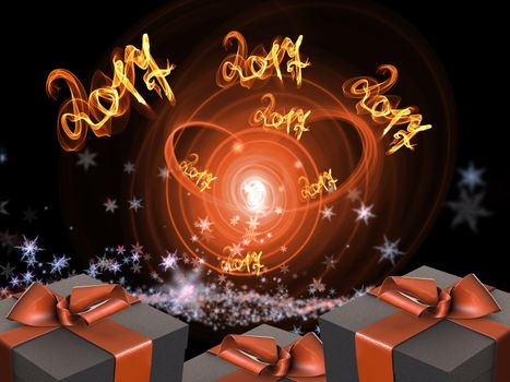 Colorful and striped boxes with gifts tied bows on dark abstract space background with 2017 letteing numbers written by fire. Happy new year 3d illustration.