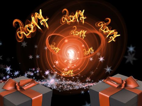 Colorful and striped boxes with gifts tied bows on dark abstract space background with 2017 letteing numbers written by fire. Happy new year 3d illustration.