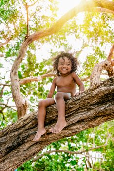 Three years old child sitting on a tree brunch in the jungle forest having fun outdoors