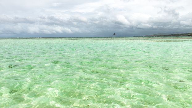 Nylon Pool in Tobago tourist attraction shallow depth of clear sea water covering coral and white sand panoramic view