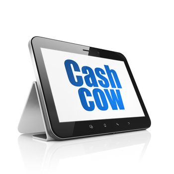 Business concept: Tablet Computer with  blue text Cash Cow on display,  Tag Cloud background, 3D rendering