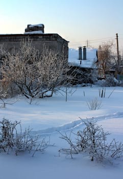 Early morning Shadows on uneven snow. The landscape of the Ural winter.