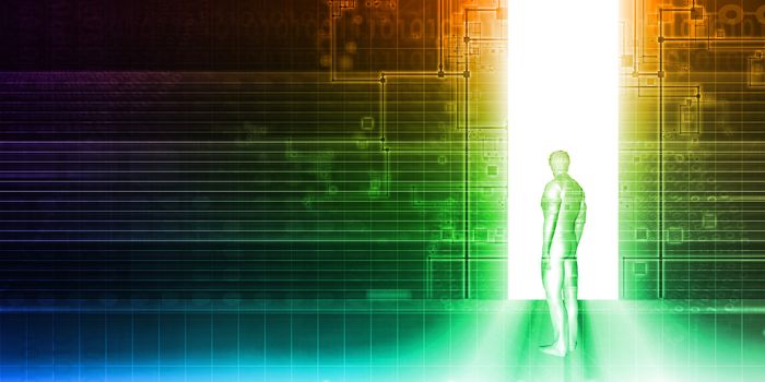 Man Standing In Front of Technology Portal as Background