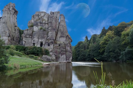 The Externsteine, striking sandstone rock formation in the Teutoburg Forest, Germany, North Rhine Westphalia