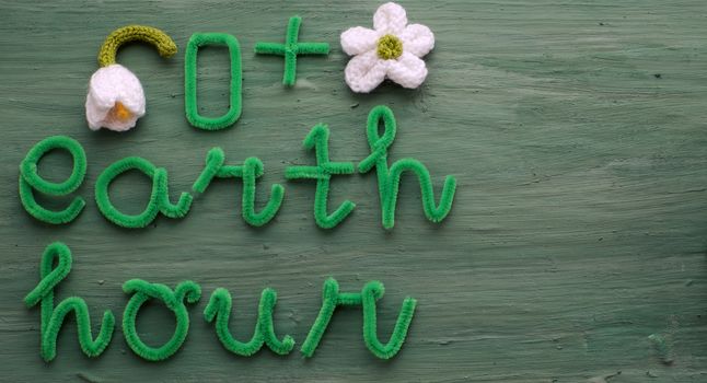 Earth hour message on green background for special day, a day to remind people give hand save the earth, green letter with white flower symbol for turn off light on 60 minute