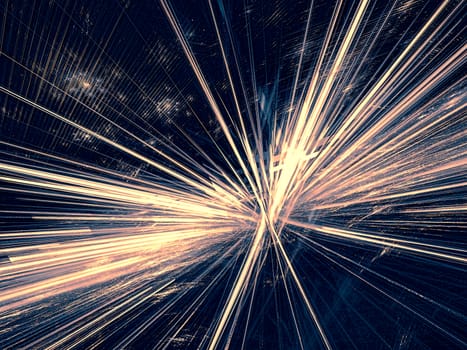 Abstract rays burst - computer-generated image. Fractal geometry: glowing lines like star. Technology background for covers, banners, web design.