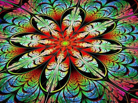 Abstract fractal flower - computer-generated image. Digital art: intricate colourful petals like mosaic or stained-glass. For web design, cards, covers.