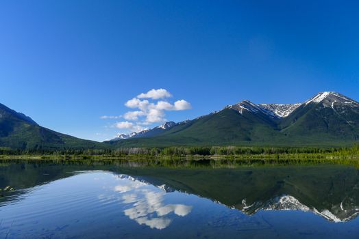 The Vermilion Lakes are a series of lakes located immediately west of Banff, Alberta, in the Canadian Rocky Mountains.