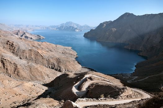 Small fjord seen from the top of one of the surrounding mountains, Jebel al Harim, Oman