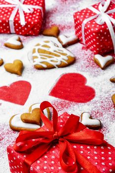 Heart shaped cookies for valentine's day on bright red background
