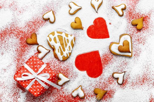 Heart shaped cookies for valentine's day on bright red background