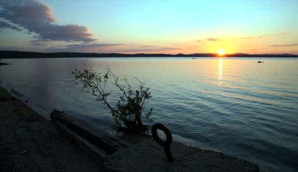 Blurred silhouette, plants over the lake sunset in background.beautiful landscape. sunset Image selective focus at lake.