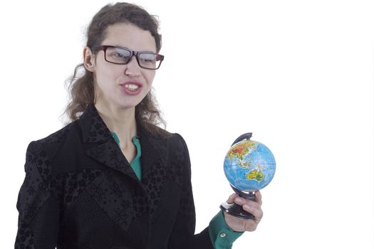 Strict woman teacher with a globe on a white background