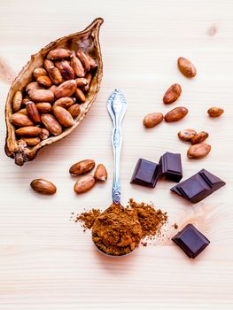 Brown chocolate powder in spoon , Roasted cocoa beans and dark chocolate setup on wooden background. Selective focus depth of field on chocolate powder.