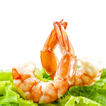 Fresh steamed  prawns with mixed vegetable salad isolate on white background. Boiled shrimp with mixed green salad . Selective focus depth of field.