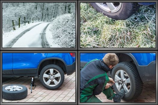 Workflow tire change. Summer tires dismantle winter tires mount. Image divided into 4 working steps.
