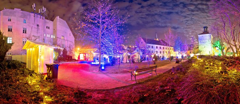 Zagreb upper town christmas market evening panorama, historic architecture of capital of Croatia