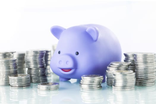 Financial concept with piggy bank, pile of money on white background