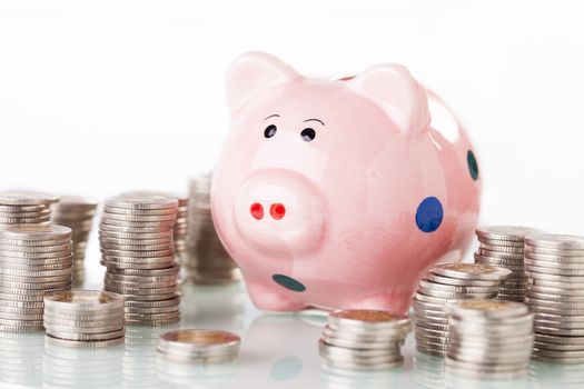 Financial concept with piggy bank, pile of money on white background