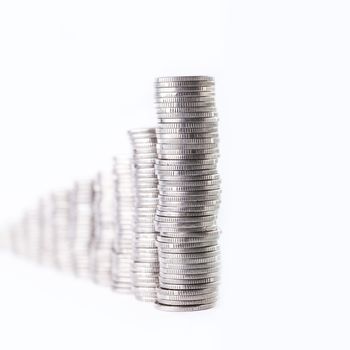 Financial concept with piggy bank, pile of money on white background