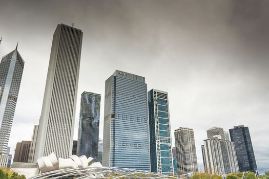 Chicago, IL, USA, october 27, 2016: A view of Chicago skyline and tall buildings in a cloudy day full with fog