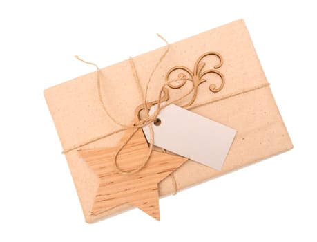 kraft paper gift box with a label on a white background.