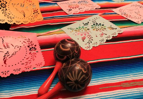 Mexico poncho sombrero maracas background fiesta cinco de mayo decoration bunting flags