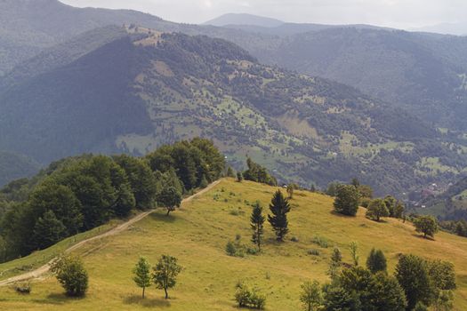 Wide panoramic scenic view at high mountain summer landscape in mountains  Carpathians, Ukraine