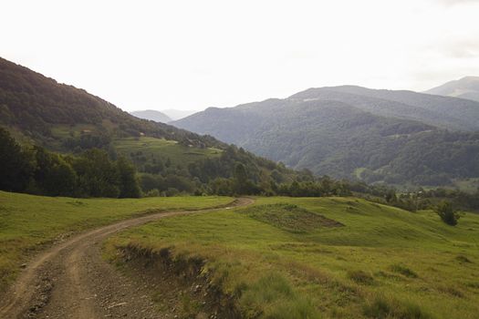 Wide panoramic scenic view at high mountain summer landscape in mountains  Carpathians, Ukraine