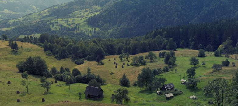 Wide panoramic scenic view at high mountain summer landscape in mountains  Carpathians, Ukraine